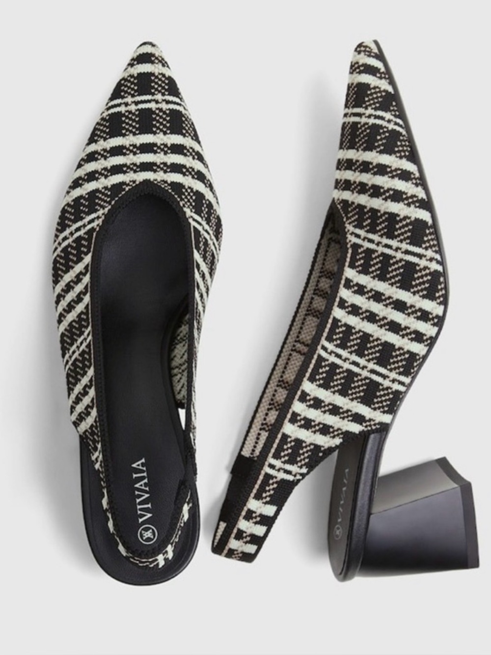 Vivaia Pointed Toe Slingback Beige Black Plaid Block Heels‎